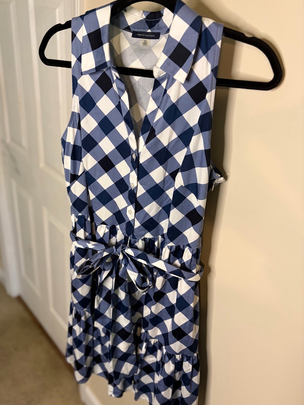 Tommy Hilfiger Navy and White Gingham Tie-Waist Midi Dress #1261 - Picture 2 of 14